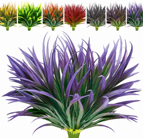 Miniatura 14 de 8 piezas flores artificiales de otoño para decoración al aire libre, plantas artificiales de otoño para exteriores, hierba amarilla artificial