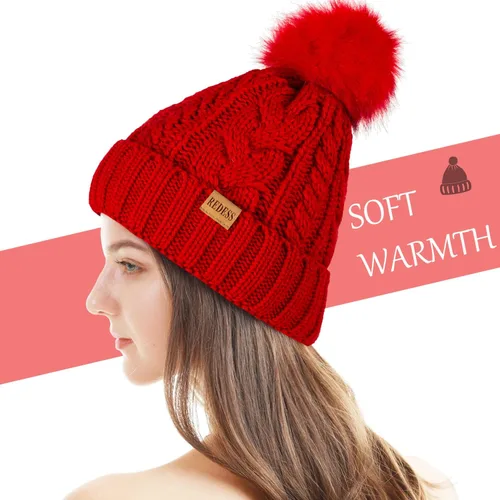 Miniatura 3 de REDESS Women Winter Pompom Beanie Hat with Warm Fleece Lined, Thick Slouchy Snow Knit Skull Ski Cap
