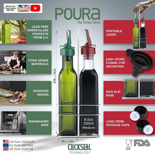 Miniatura 3 de Poura Juego de rociadores de botellas de vinagre y aceite de oliva con boquillas de vertido sin BPA ClickSeal Botellas dispensadoras de aceite