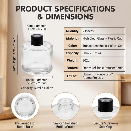 Miniatura 2 de 2 botellas difusoras de aceite esencial de vidrio de 1.7 fl oz y 1.7 onzas, frascos vacíos de aromaterapia, recipientes de fragancia recargables