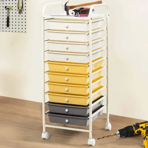 Miniatura 2 de Giantex - Carro de almacenamiento con ruedas, 10 cajones, organizador para papelería, oficina o escuela (Beige+Amarillo+Gris)