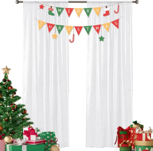 Sugargirl - Cortina de fondo de lentejuelas blancas, 2 paneles de 2 pies x 8 pies, cortinas de fondo brillantes blancas, cortinas de purpurina para