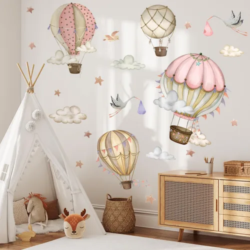 Miniatura 3 de Globos de aire caliente extraíbles, calcomanías de pared, globos de acuarela, pájaros, estrellas, calcomanías de pared, pintura a mano, globos