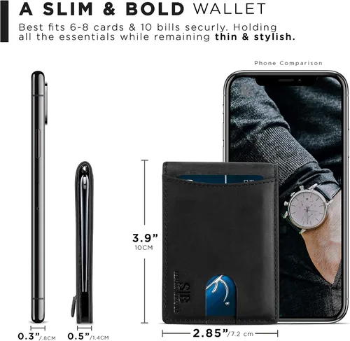 Miniatura 76 de SERMAN BRANDS - Billetera sencilla de cuero genuino con bloqueo RFID para hombre, billetera delgada con bolsillo frontal y clip para dinero