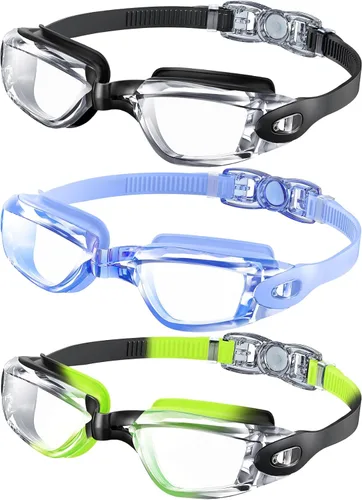 NSSIW Gafas de natación para niños de 6 a 14 años, antiniebla con UV400 y sin fugas, campo de visión ultra amplio, paquete de 3 Negro y