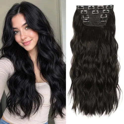 Miniatura 34 de 4 extensiones de cabello sintético con clip, extensiones de cabello rizado de 20 pulgadas de largo con clip (color: marrón medio)