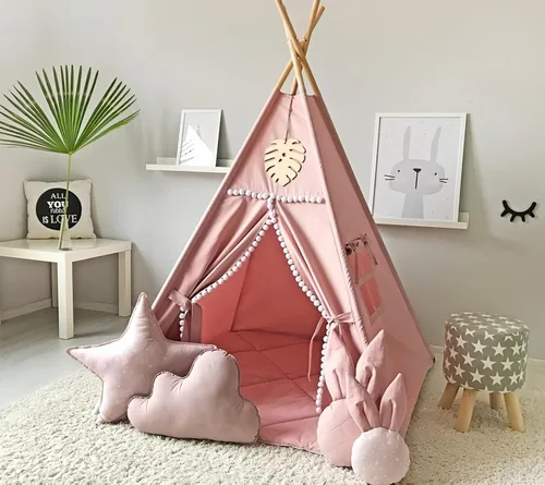 RONGFA Tienda Tipi para Niños con Pompón Blanco - Tipi de Juego Interior para Niños Niños Casa de Juegos Portátil (Rosa)