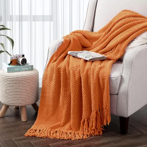 Miniatura 16 de Manta de tweed con borlas de flecos para sofá, decoración del hogar, cama, sofá, silla, 50 x 60 pulgadas, naranja óxido
