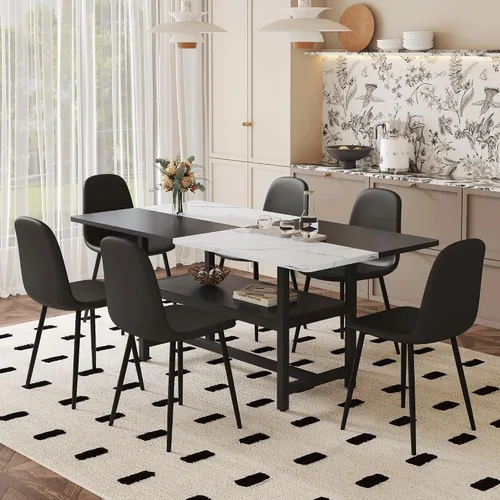 Miniatura 9 de Juego de mesa de comedor de 71 pulgadas para 6 personas con estante de almacenamiento, juego de mesa de comedor rectangular industrial moderna