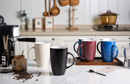 Miniatura 6 de AmorArc Juego de 6 tazas de café grandes de cerámica de 20 onzas con patrones geométricos texturizados para café, té, cerveza, cacao caliente, aptas