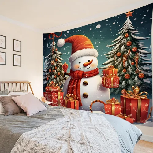 Miniatura 4 de HVEST Tapiz navideño de muñeco de nieve para colgar en la pared, divertido muñeco de nieve con sombrero rojo de Navidad y tapiz de regalo, tapiz