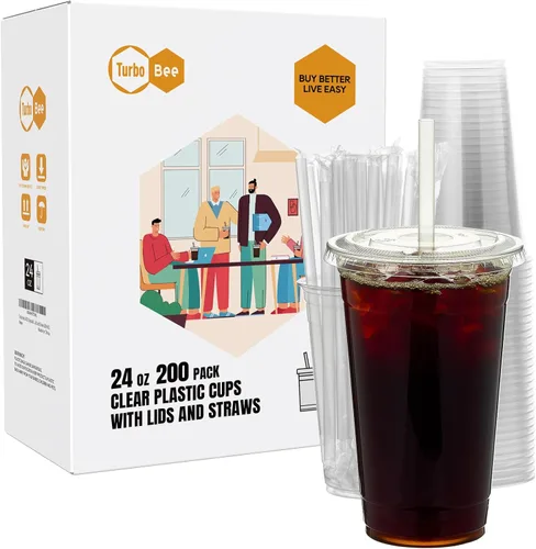 Turbo Bee 200 juegos de vasos de plástico transparente de 24 onzas con tapas y pajitas, tazas de café helado desechables para llevar con tapas para