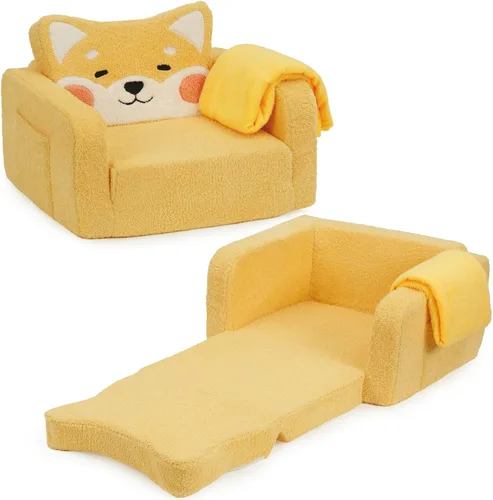 Miniatura 13 de Foryoomi Sofá para niños, sofá de bebé de 2 en 1 suave con manta plegable, silla cómoda, sofá de felpa convertible plegable, regalos para niños Oso