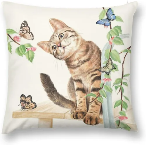 Fundas de almohada con diseño de mariposa de gato de 20 x 20 pulgadas, bonito patrón de dibujos animados, fondo beige, para decoración del hogar