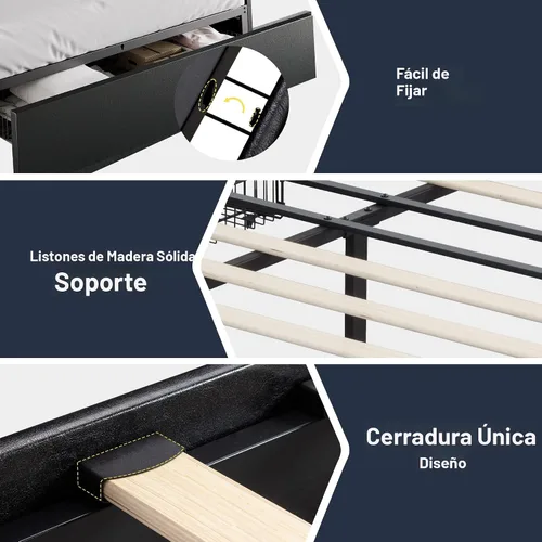 Miniatura 7 de Marco de cama Allewie tamaño matrimonial con plataforma y 3 cajones de almacenamiento, tapizado en piel sintética, soporte de listones de madera,
