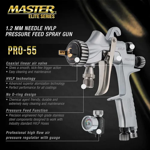 Miniatura 2 de Master Pro 44 Series - Pistola de pulverización HVLP de alto rendimiento con punta de 0.051 pulgadas con regulador de presión de aire, ideal