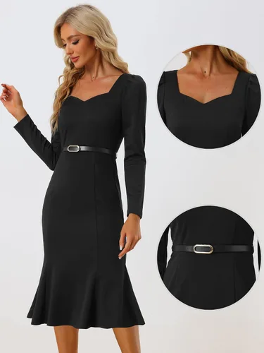 Miniatura 2 de Allegra K Vestidos de trabajo con cola de pez para mujer, elegante, cuello corazón, cinturón, ajustado, con dobladillo de sirena, vestido de cóctel