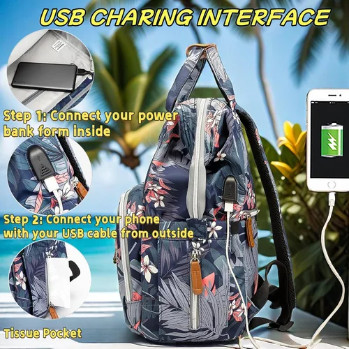 Miniatura 4 de Mochila floral para pañales con puerto de carga USB, correas para cochecito y bolsillo aislado, mochila de viaje para mujeres/madres