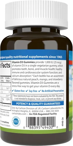 Miniatura 8 de Carlson - Gomitas de vitamina D3, 1000 UI (25 mcg), salud ósea, apoyo inmunológico y absorción de calcio, sabores naturales de frutas, 60 gomitas