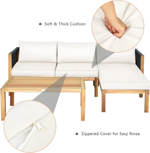 Miniatura 7 de Tangkula Juego de muebles de exterior en forma de L, juego de conversación de patio de madera de acacia de 3 piezas, con 2 sofás biplaza y mesa