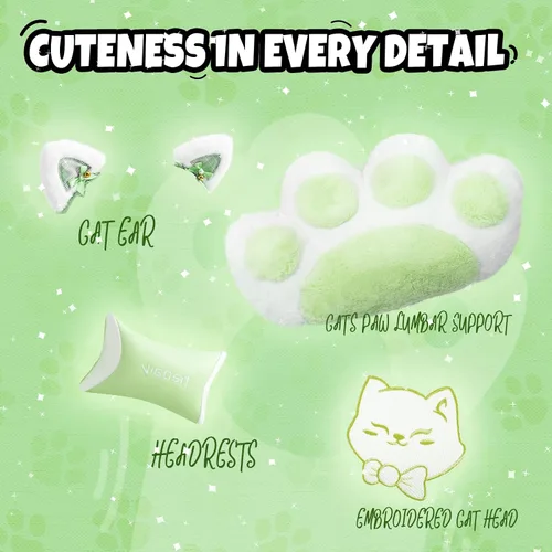 Miniatura 5 de Silla de gamer verde con reposapiés de gato de Vigosit, silla de escritorio de gamer ergonómica y linda con orejas de gato, silla de computadora