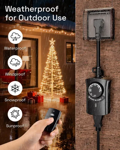 Miniatura 3 de HBN - Temporizador de luz exterior con control remoto, temporizador de sensor de luz impermeable, alcance inalámbrico de 100 pies, 1 toma de tierra