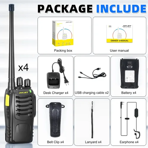 Miniatura 8 de Walkie Talkies (paquete de 4), incluye auriculares originales, cable tipo C, base de carga USB, cuenta con emparejamiento de un solo clic, reducción