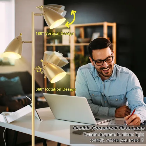 Miniatura 4 de Lámpara de pie estilo árbol LALISU para sala de estar, lámpara de pie industrial de 3 luces con 3 bombillas LED, cabezas giratorias ajustables