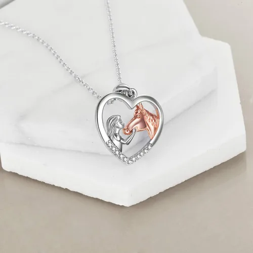 Miniatura 3 de YFN - Collar con dije de caballo de plata fina para niñas, regalo de caballos para mujeres y niñas (collar de caballo con una niña color rosa)