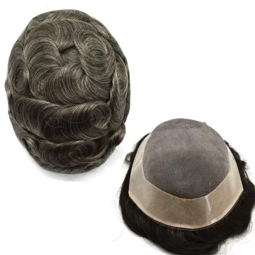 Miniatura 34 de Peluca de cabello humano monofilamento fino para hombre tipo tupé de polietileno alrededor del sistema de cabello, peluca duradera de monofilamento