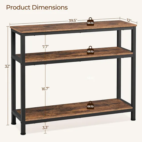 Miniatura 3 de Yaheetech Mesa consola industrial, mesa de entrada de 3 niveles con estantes de almacenamiento, mesas de sofá estrechas para sala de estar, Marrón