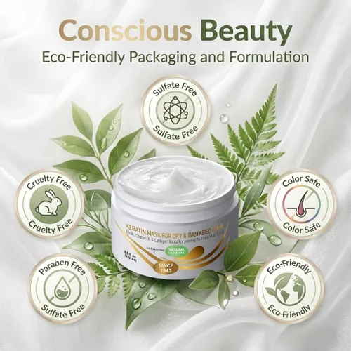 Miniatura 5 de VITAMINS hair cosmetics Mascarilla capilar de queratina para cabello seco dañado, biotina, colágeno y aceite de ricino, acondicionador profundo
