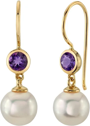 Peora Aretes colgantes de oro amarillo de 14 quilates, perlas blancas cultivadas en agua dulce de 0.315 in y amatista genuina para mujer, piedra