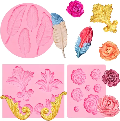 Juego de moldes de silicona para fondant, paquete de 3 moldes con diseño de plumas y rosas, moldes de decoración de pasteles rosas para manualidades