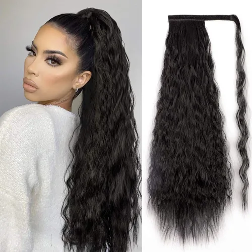 Miniatura 13 de Extensión de cola de caballo ondulada larga con pegamento mágico, resistente al calor, sintética, para envolver, cabello ondulado, para mujer