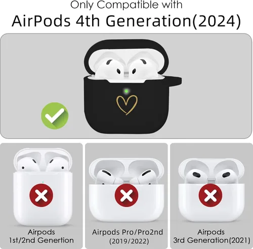 Miniatura 4 de Compatible con AirPods 4 Cover 2024, funda de silicona suave con patrón de corazón dorado para 4ª generación, llavero de letra A-Z con diamantes
