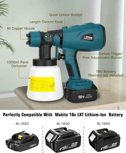 Miniatura 2 de Taingwei Pulverizador de pintura inalámbrico para batería Makita LXT de 18 V, pistola pulverizadora de pintura HVLP de 200 W con motor sin