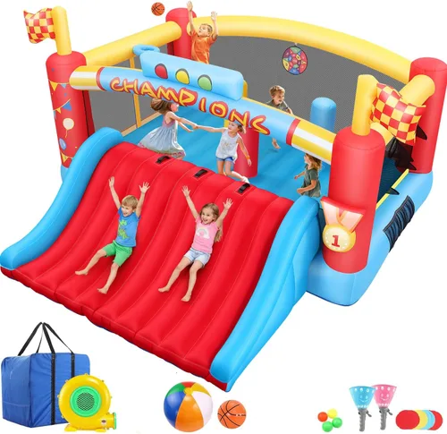 Miniatura 9 de Casa de rebote inflable blanca para niños, castillo hinchable para niños de 3 a 10 años, casa de rebote para niños pequeños con alfombrilla