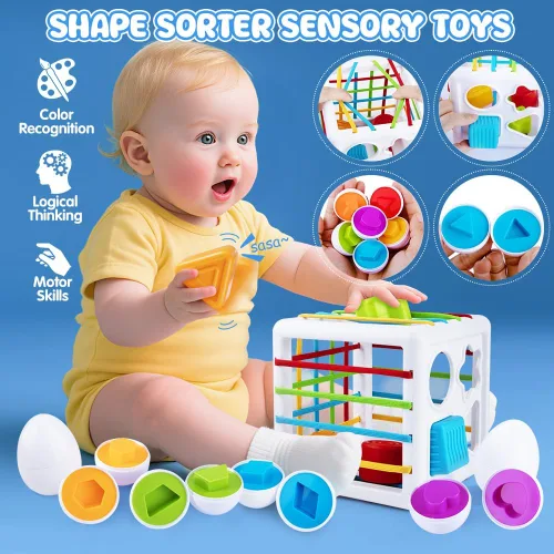 Miniatura 5 de Juguetes 6 en 1 para bebés de 6 a 12 meses, juguete Montessori para niños de 1 año, juguete de dentición para bebés, apilar tazas, cubo sensorial