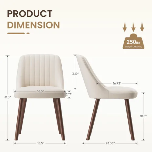 Miniatura 4 de MALOL Juego de 2 sillas de comedor tapizadas, sillas de cocina de tela moderna con respaldo, patas de madera para cocina, comedor, restaurante, beige