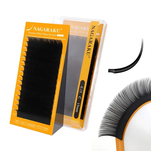 Miniatura 10 de NAGARAKU Extensiones de pestañas elipse con puntas abiertas planas, pestañas individuales de 0.006 in, rizo C, bandeja de mezcla de 0.315-0.591 in