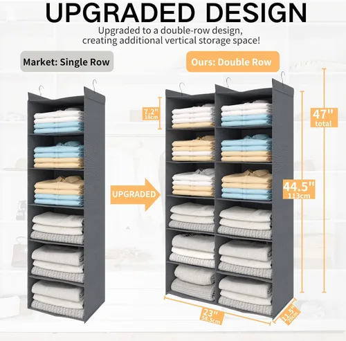 Miniatura 2 de ALLTIDYUP Organizador de armario colgante de doble fila: estantes plegables de almacenamiento de ropa con 3 ganchos, organizador de armario que Gris