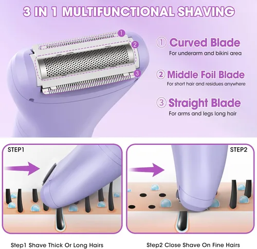 Miniatura 3 de Maquinillas de afeitar eléctricas para mujer, kit de depilación corporal 3 en 1 para cara, púbic, brazo, pierna, axila, recortadora de bikini, sin