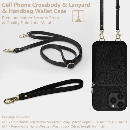 Miniatura 7 de Funda para iPhone 13 Pro Max de 6.7 pulgadas, bolso cruzado con cremallera con bloqueo RFID, soporte de 10 ranuras para tarjetas, cordón desmontable