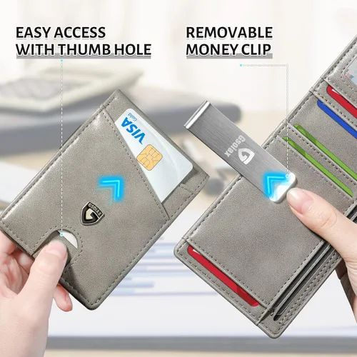 Miniatura 12 de GSOIAX Cartera delgada de cuero plegable RFID para hombre, billetera minimalista con bolsillo frontal con clip para dinero, 12 ranuras para Negro