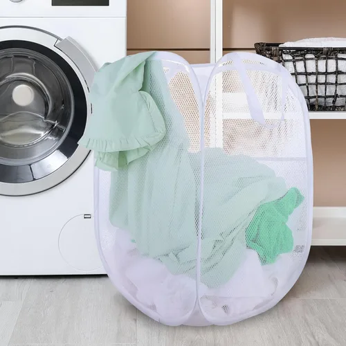 Miniatura 7 de Paquete de 2 cestas de lavandería, cesta de lavandería plegable de malla emergente con mango duradero, fácil de abrir y plegar para dormitorio