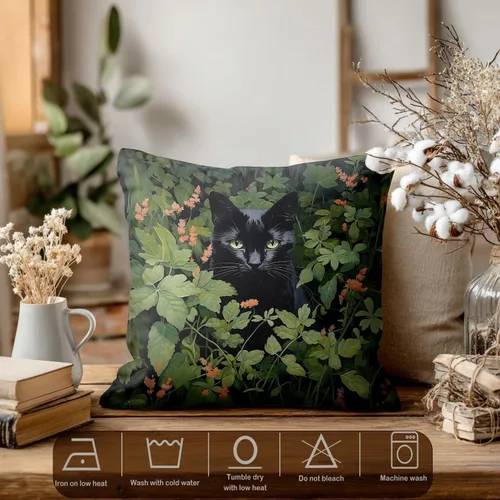Miniatura 3 de Batmerry Black Cat Green Leaves Throw Pillow Covers, Cat Among Foliage Decorative Pillow Covers Digital Printing Blended Fabric for Couch Sofa Bed