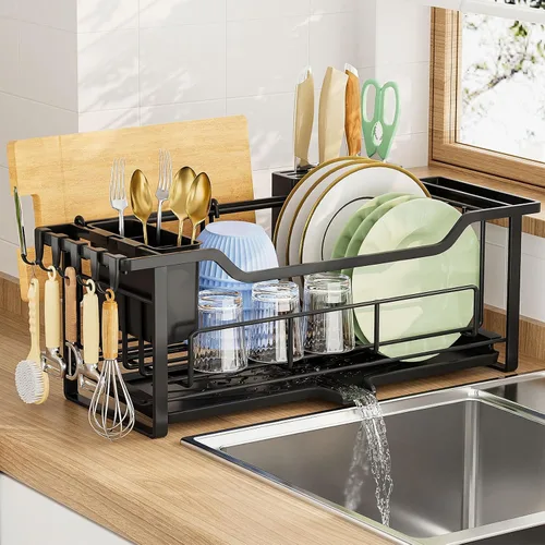 AIDERLY Escurridor estrecho de platos para encimera de cocina, drenaje automático, escurridor de platos de hierro con cesta extraíble para