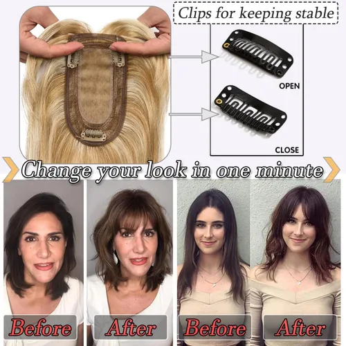 Miniatura 4 de Toppers para el cabello para mujeres con cabello delgado, base de seda real, clip en toppers con flequillo para pérdida de cabello, cabello gris, 10