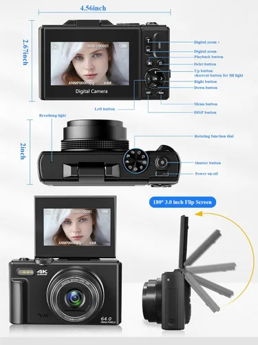 Miniatura 8 de Cámara digital 4K para fotografía, cámara de vlogging de 64 MP para YouTube, cámaras de vlog WiFi con zoom digital de 18X, pantalla abatible de 3